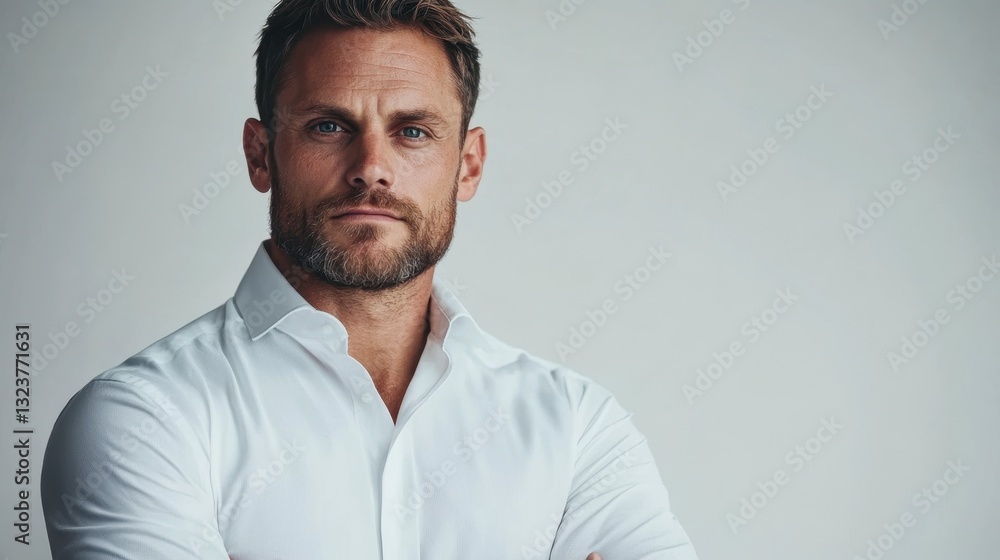Obraz premium Businessman in white shirt against plain background, professional demeanor, clean and modern aesthetic, suitable for corporate use