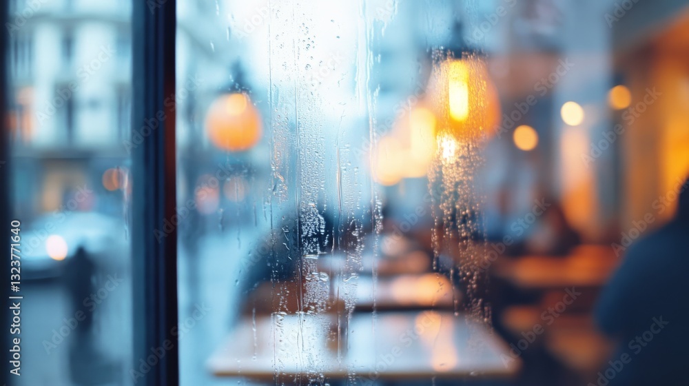 Fototapeta premium Soft condensation on a cafe window blurs the bustling city outside, enveloping the warm, ambient glow inside in a comforting embrace.