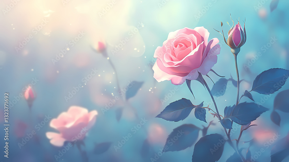 Hand-drawn pink rose in a serene blue background
