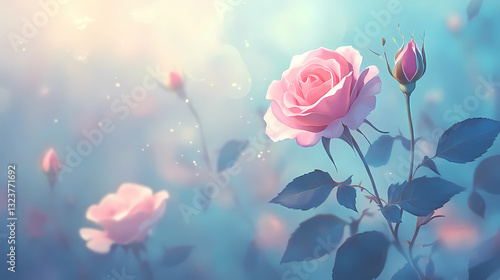 Obraz na płótnie Hand-drawn pink rose in a serene blue background w salonie