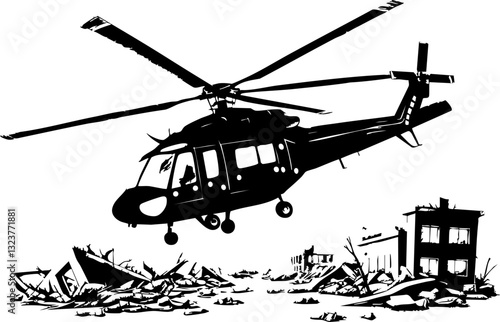 Helicopter rescue operation disaster site illustration urban environment aerial view emergency response