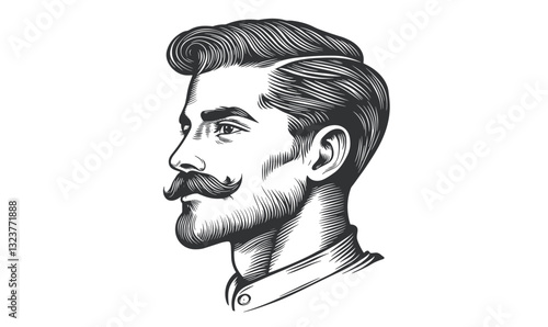 Vintage male portrait with mustache and pompadour, linear style icons set, vector.