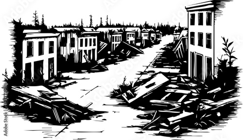 Destruction and ruins after disaster abandoned city illustration urban environment aerial view resilience concept
