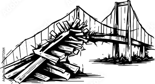 Bridge collapse incident urban area illustration engineering disaster wide-angle view structural integrity issues