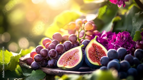 Bright   sunny summer image of figs, grapes and flowers 