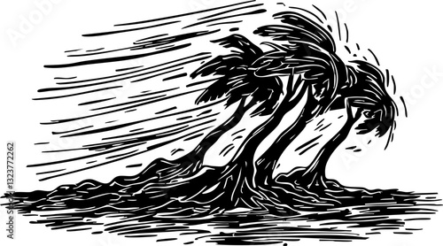 Whirling winds affecting palm trees tropical island illustration nature close-up climate impact