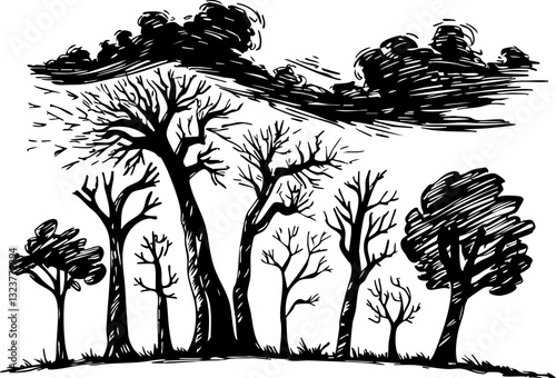 Haunting landscape of leafless trees nature illustration overcast sky artistic perspective seasonal change concept