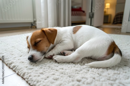Jack russel puppy on white carpet. Small dog sleep in the house
