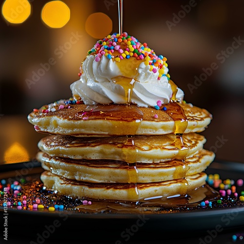 A stack of pancakes drizzled with maple syrup and topped with whipped cream and colorful sprinkles