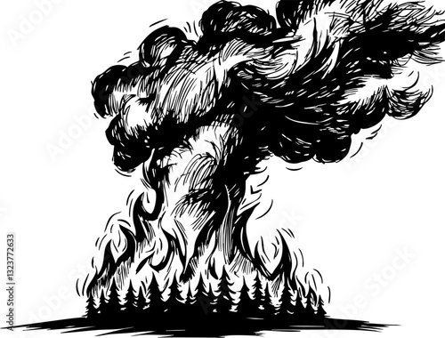 Forest fire eruption wilderness graphic dramatic low angle nature's fury depicted in black and white