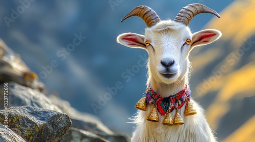 A close-up of a Swiss goat with intricate bells around its neck, standing  on a rocky mountainside