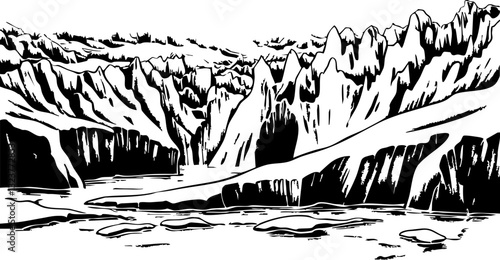 Majestic glacier landscape frozen wilderness black and white illustration nature scene artistic viewpoint serenity concept