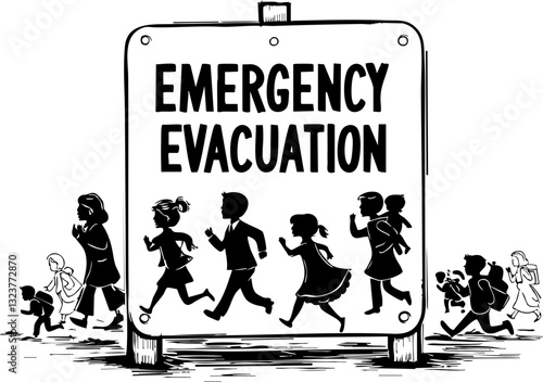 Emergency evacuation sign illustrating people fleeing danger urban environment graphic illustration safety awareness