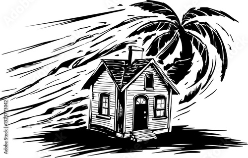 Hurricane winds threaten coastal home beachfront property illustration stormy weather side view natural disaster preparedness