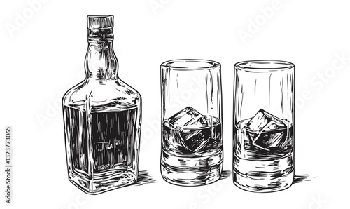 Whiskey bottle and two glasses with ice cubes vector, linear icons set.
