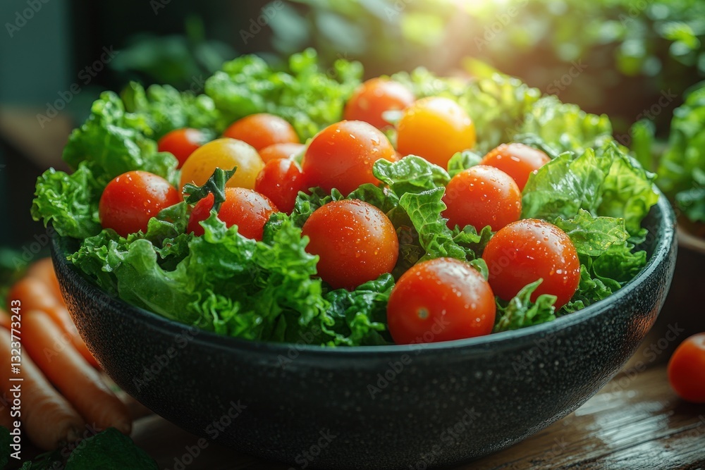 Healthy fresh salad closeup vibrant vegetables tomatoes carrots lettuce nutrition meal eating diet Healthy fresh salad closeup vibrant vegetables tomatoes carrots lettuce nutrition meal eating diet