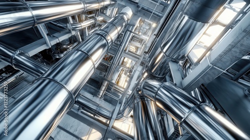 Industrial Pipes and Structures: A low-angle view showcasing the intricate network of industrial pipes and metallic structures within a modern building.