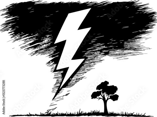 Lightning strikes a tree in a stormy landscape nature illustration dramatic viewpoint artistic concept