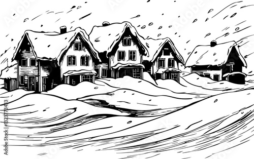 Snow-covered houses winter wonderland illustration scenic landscape aesthetic view cozy atmosphere