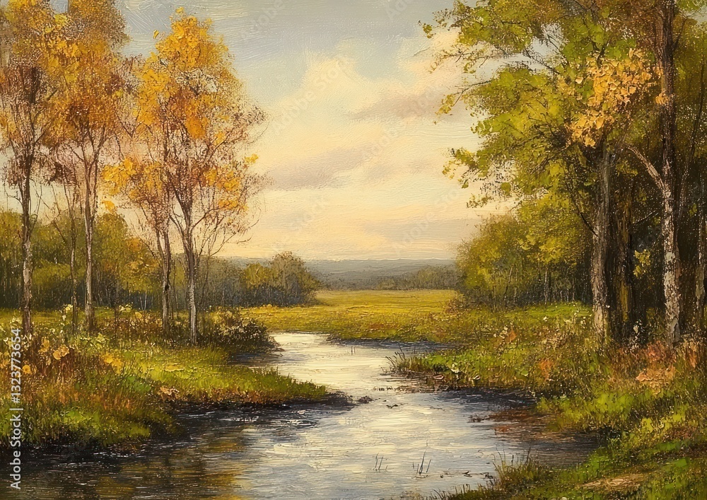 Autumn Landscape with River Trees and Lush Nature Autumn Landscape with River Trees and Lush Nature