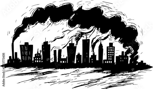 Urban pollution crisis smoky skyscrapers cityscape illustrative industrial environment dramatic perspective environmental awareness