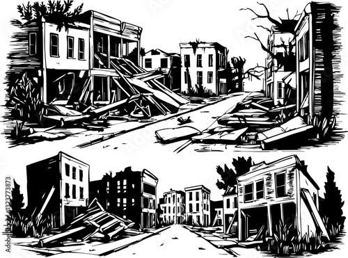 Devastating urban decay abandoned town illustration post-apocalyptic ground level desolation and loss