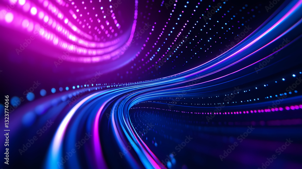 Abstract purple and blue curving lines in dynamic space