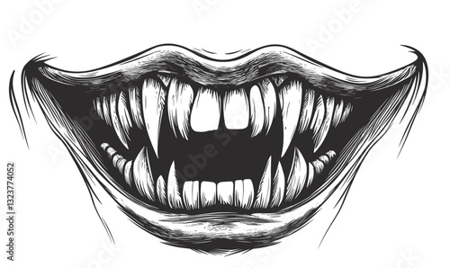 Creepy monster mouth with sharp fangs and grinning teeth - linear icons set vector.