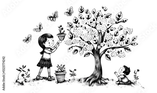 Children gardening and butterflies around a tree, black and white vector, linear icons set.