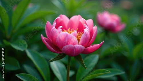 Dew-kissed peony bloom against soft green leaves, blooming, delicate