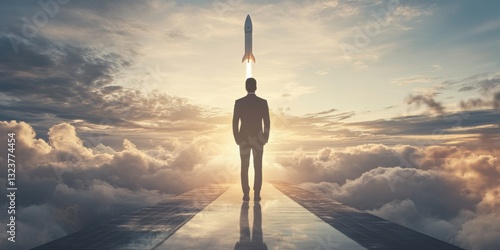 Ambitious Ascent: A silhouetted man with a rocket taking off from his head, representing ambition, innovation, and achieving goals