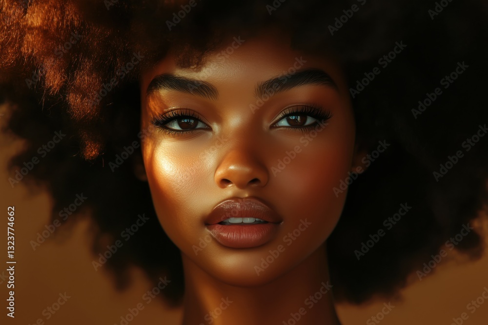 A medium-close portrait of an afro-american woman with glowing, textured skin and natural curly hair. A medium-close portrait of an afro-american woman with glowing, textured skin and natural curly hair.