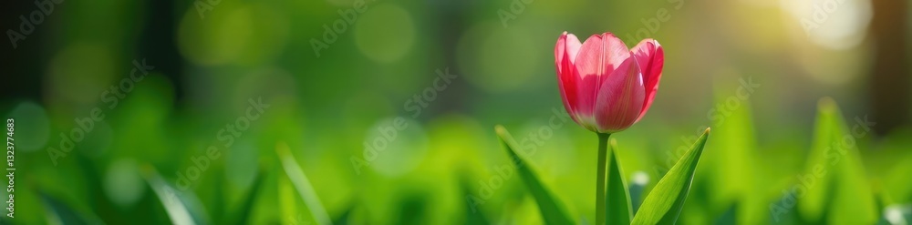 Fresh green leaves with a single pink tulip sprout emerging, spring, tulip, Fresh green leaves with a single pink tulip sprout emerging, spring, tulip,