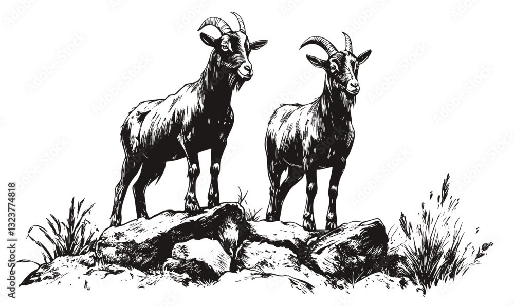 Naklejka premium Two mountain goats on a rocky cliff, wildlife nature animals in black and white, linear icons set, vector.
