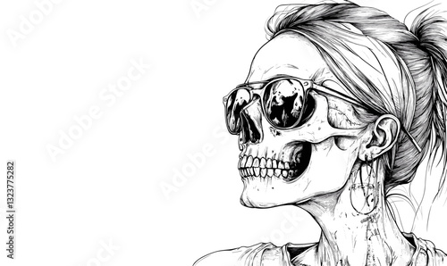 Cool skull with sunglasses and headband in stylish attire, linear vector, icons set.