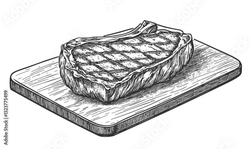 Grilled steak on cutting board, meat and cooking flat icons set, linear vector.