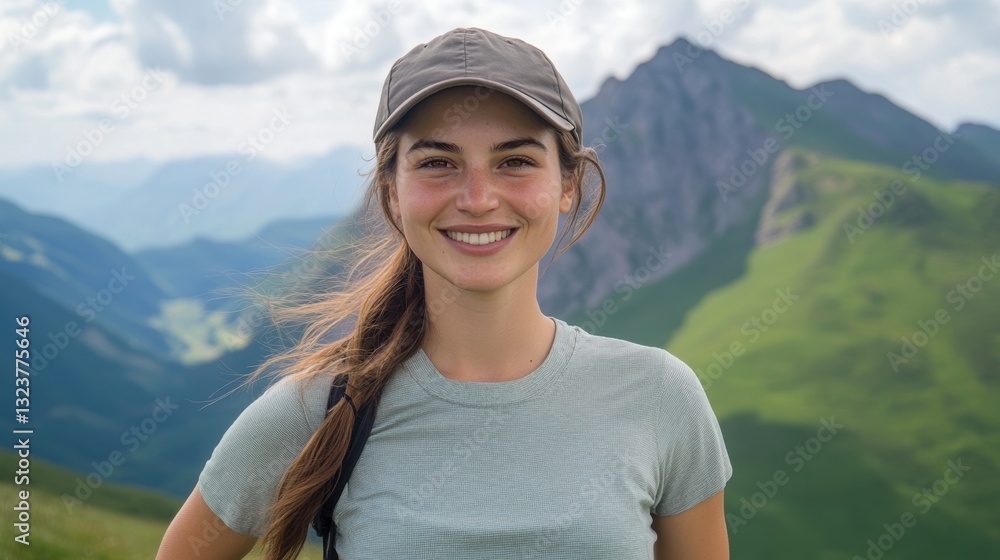 Naklejka premium Mountain Trailblazer: A radiant young woman, a vision of vitality, smiles with pure joy as she stands amidst a breathtaking mountain panorama, embodying the spirit of adventure.