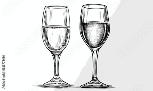 Champagne and wine glasses sketch, classic, elegant, detailed glassware icons set, linear style, vector.