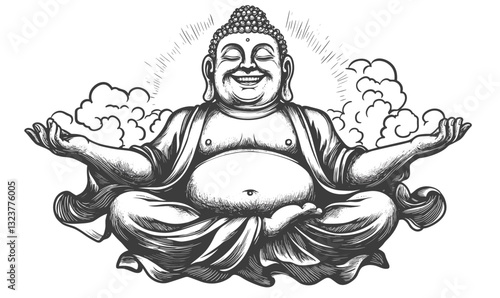 Happy buddha in meditation with clouds - linear flat icons set, vector.