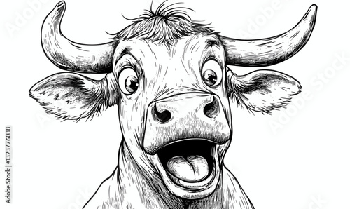 Expressive cow with open mouth in black and white vector, linear style, animal icons set.