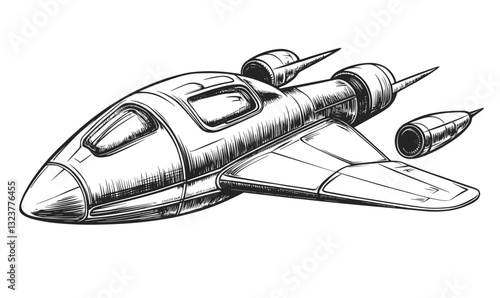 Futuristic spaceship design sketch - aerodynamic sci-fi aircraft - linear icons set vector.