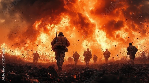 World War II Soldiers Advancing in Battle with Intense Explosions and Dramatic Lighting