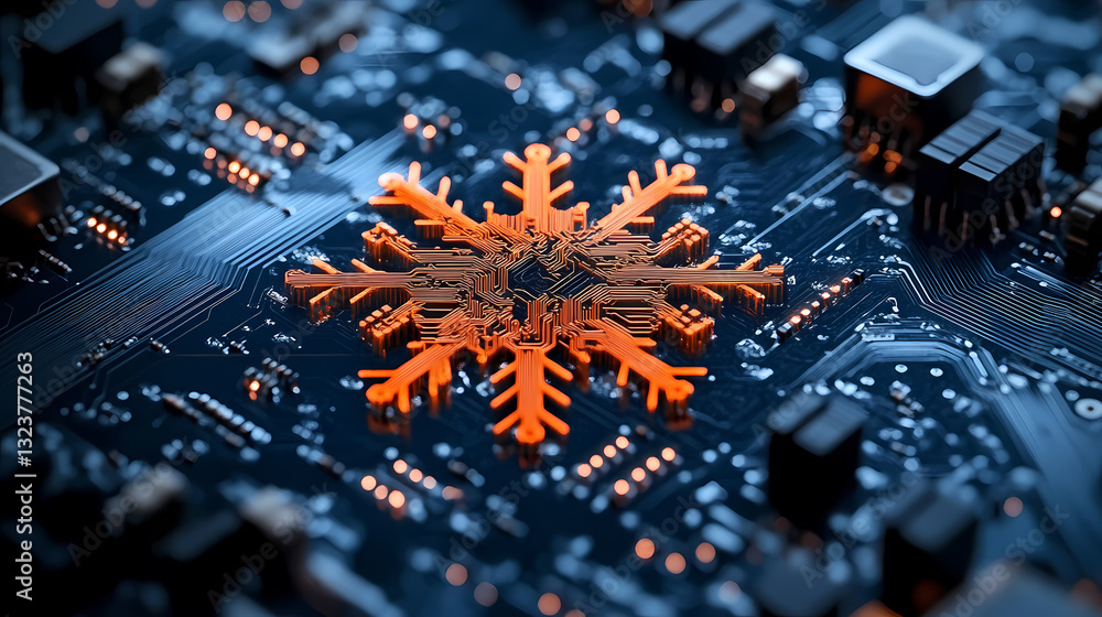 Snowflake circuit pattern with glowing lights