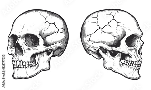 Human skull side views icon set - flat vector, linear style.