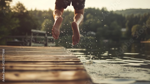Someone joyfully leaps off a wooden dock into a shimmering lake, surrounded by lush greenery under a bright sky, capturing a moment of exhilaration and freedom.