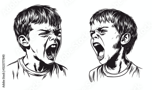 Angry shouting children black and white artwork - flat style icons set.