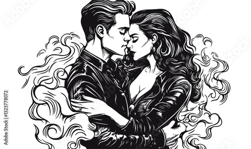 Romantic couple embracing surrounded by smoke design, linear icons set, vector.