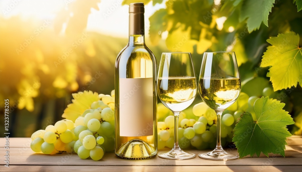 Fototapeta premium White Wine Bottle & Grapes. Elegant glasses, fresh green grapes, stylish vine leaves. Classic, bright, light.