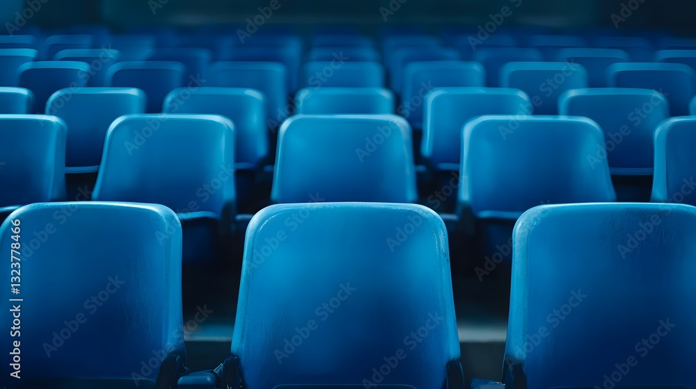 Empty rows of blue stadium seats arranged in a pattern Empty rows of blue stadium seats arranged in a pattern