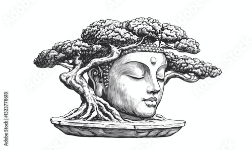 Tranquil buddha head with bonsai trees in linear style, icons set.